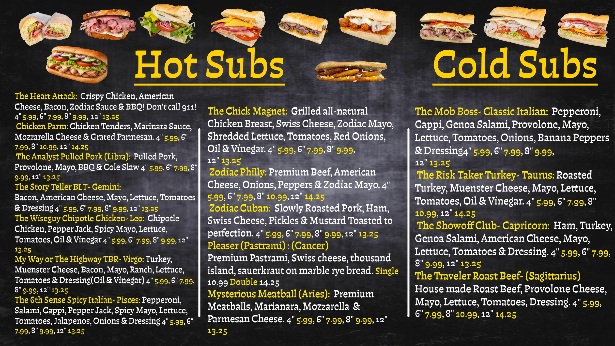 Menu Hot Subs, Menu Cold Subs