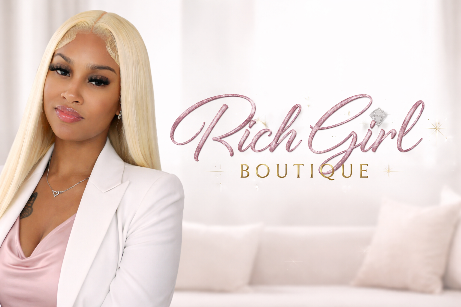 A confident woman with long platinum blonde hair, wearing a white blazer and pink top, stands in front of a sign that reads "Rich Girl Boutique" with sparkling accents.