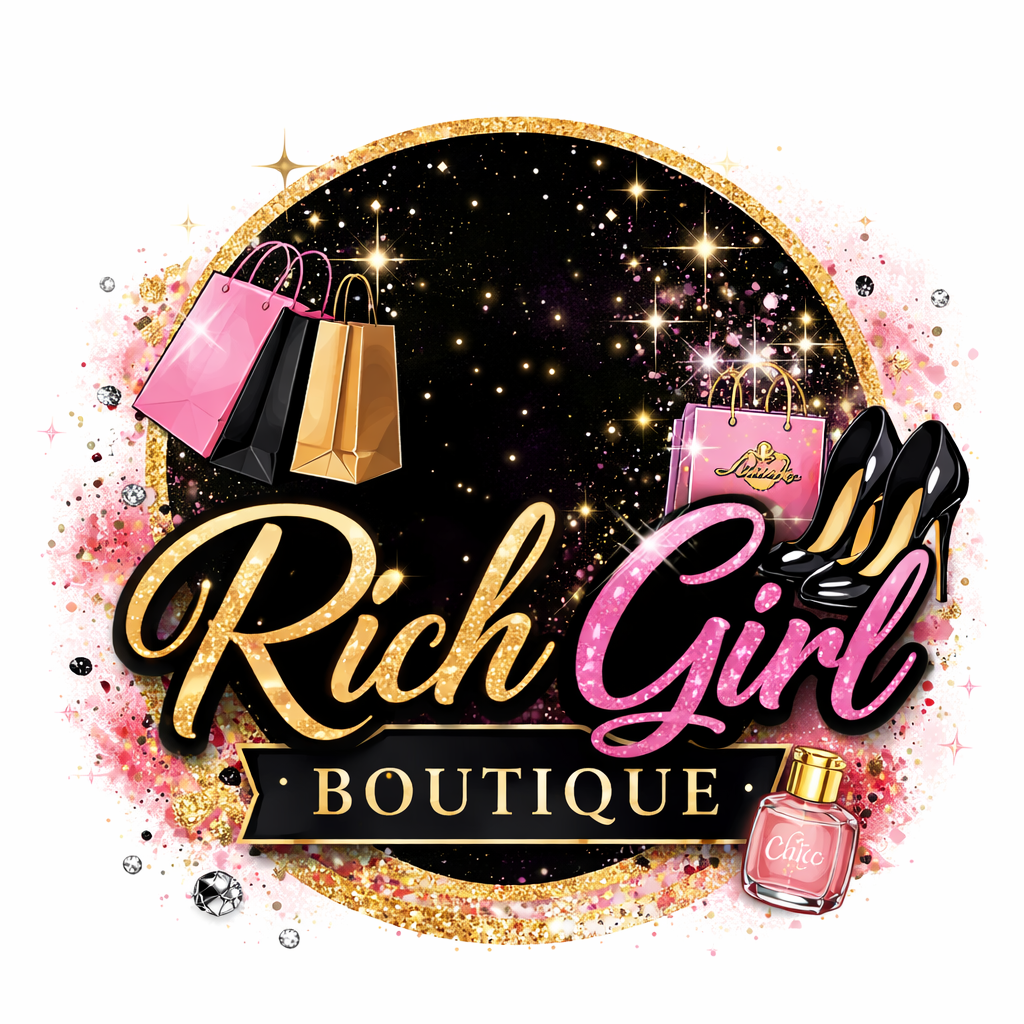 A logo for "Rich Girl Boutique" featuring shopping bags, high heels, pink nail polish, and a glittery black and gold background with gold and pink accents.
