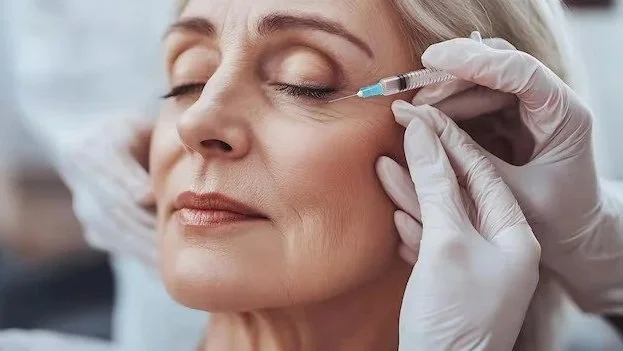 A woman receiving a cosmetic injection near her eye from a medical professional wearing gloves.