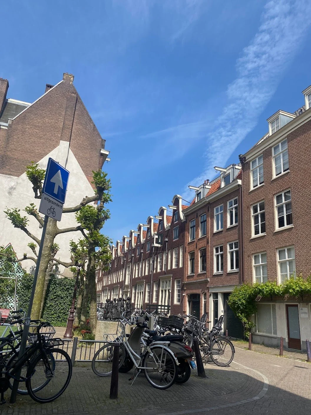 A street scene with bicycles parked on the sidewalk, brick buildings with gabled roofs, a blue sky with some clouds, and a street sign indicating a one-way street with a bicycle symbol.