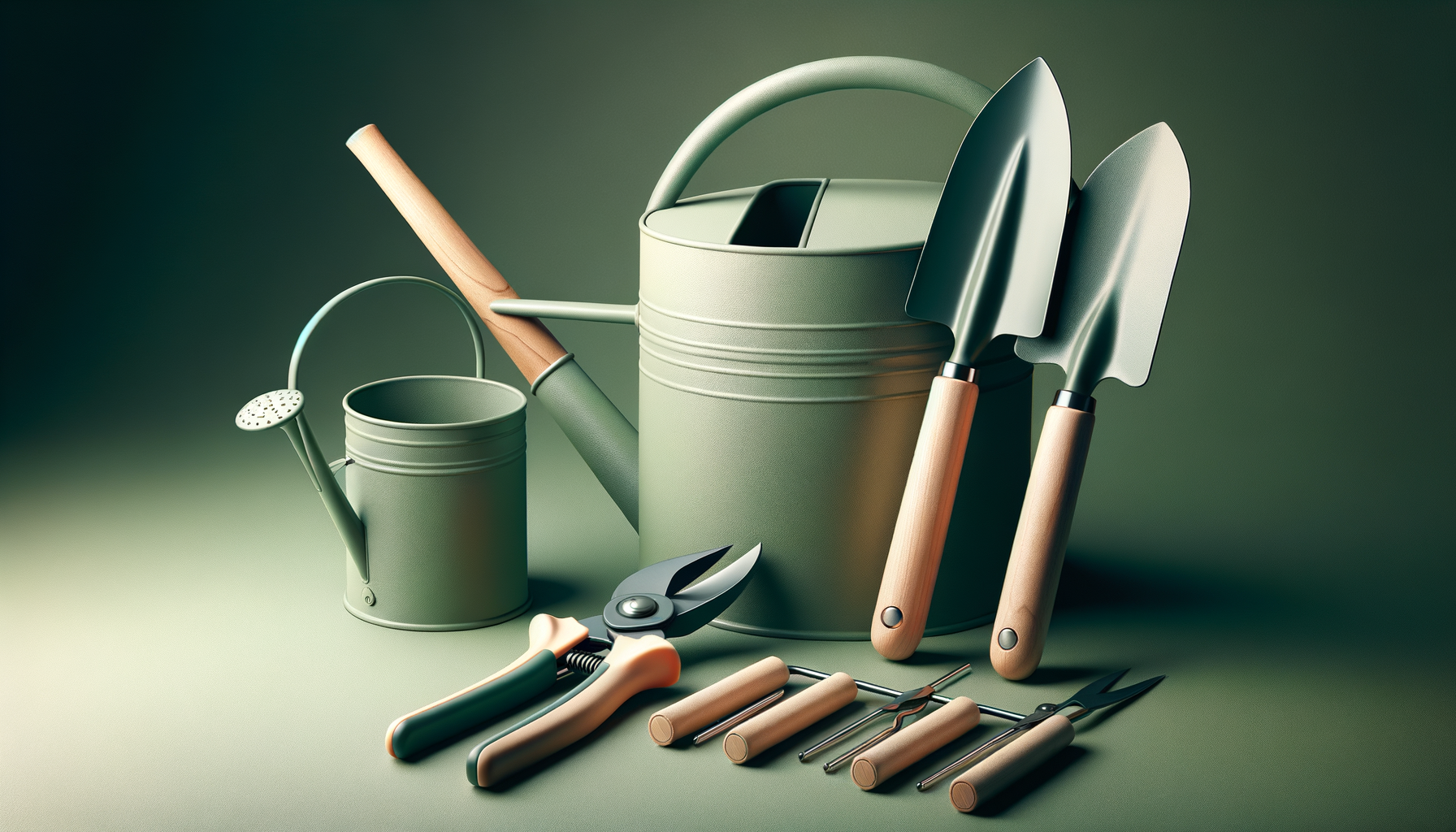 A collection of gardening tools, including a watering can, trowels, pruning shears, and hand tools, arranged on a green surface against a green background.