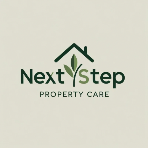 Logo for Next Step Property Care featuring a house with a plant growing from the middle, and the company name below.