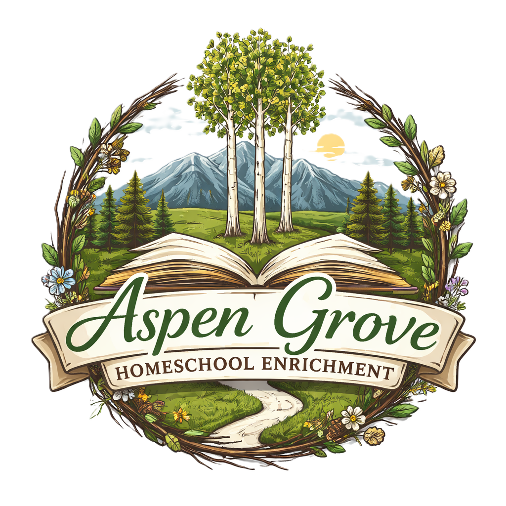 Logo for Aspen Grove Homeschool Enrichment featuring mountains, trees, flowers, an open book, a winding path, and a sunny sky.