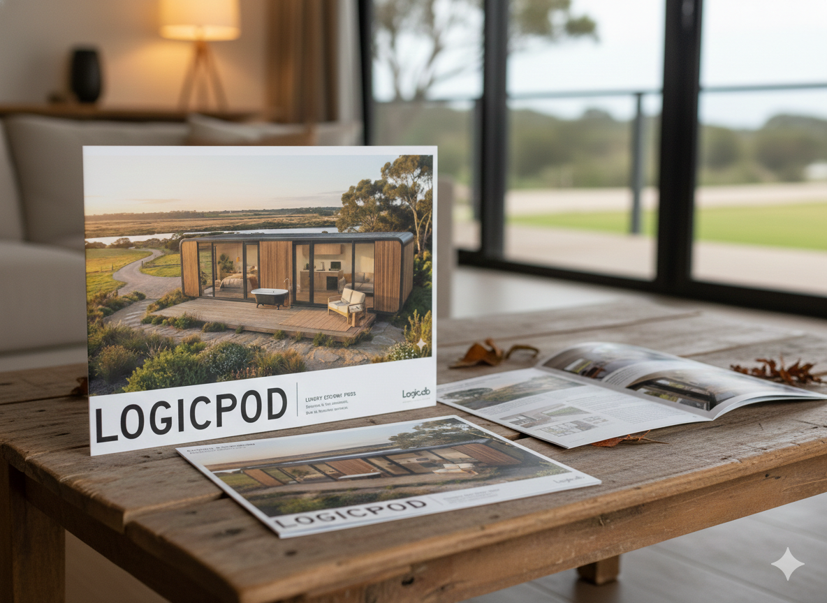 A cardboard box and brochures promoting a modern tiny house with large glass windows, a wooden deck, outdoor furniture, and scenic surroundings, placed on a wooden table in a bright room.
