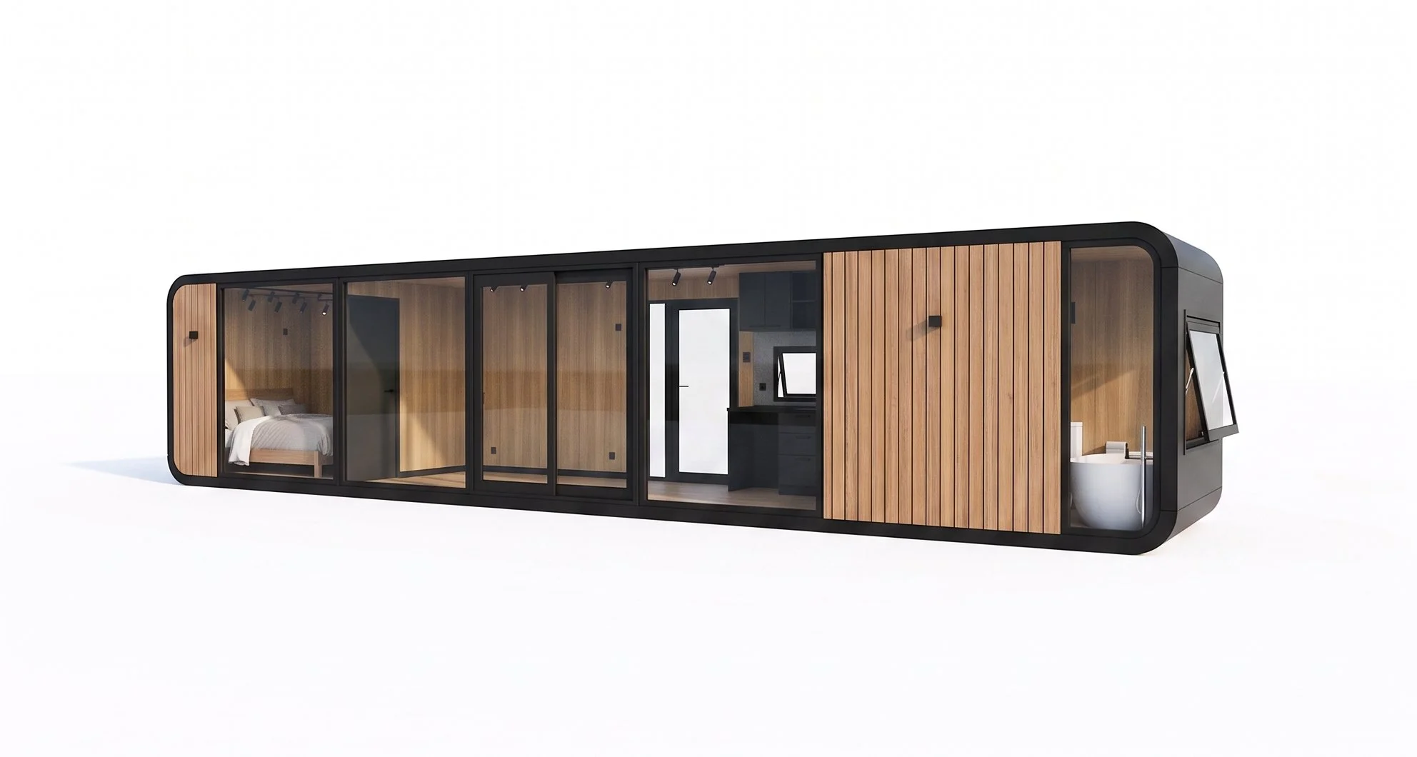 Modern tiny house with black frame, wooden panels, sliding glass doors, interior bedroom, bathroom, and kitchen visible.