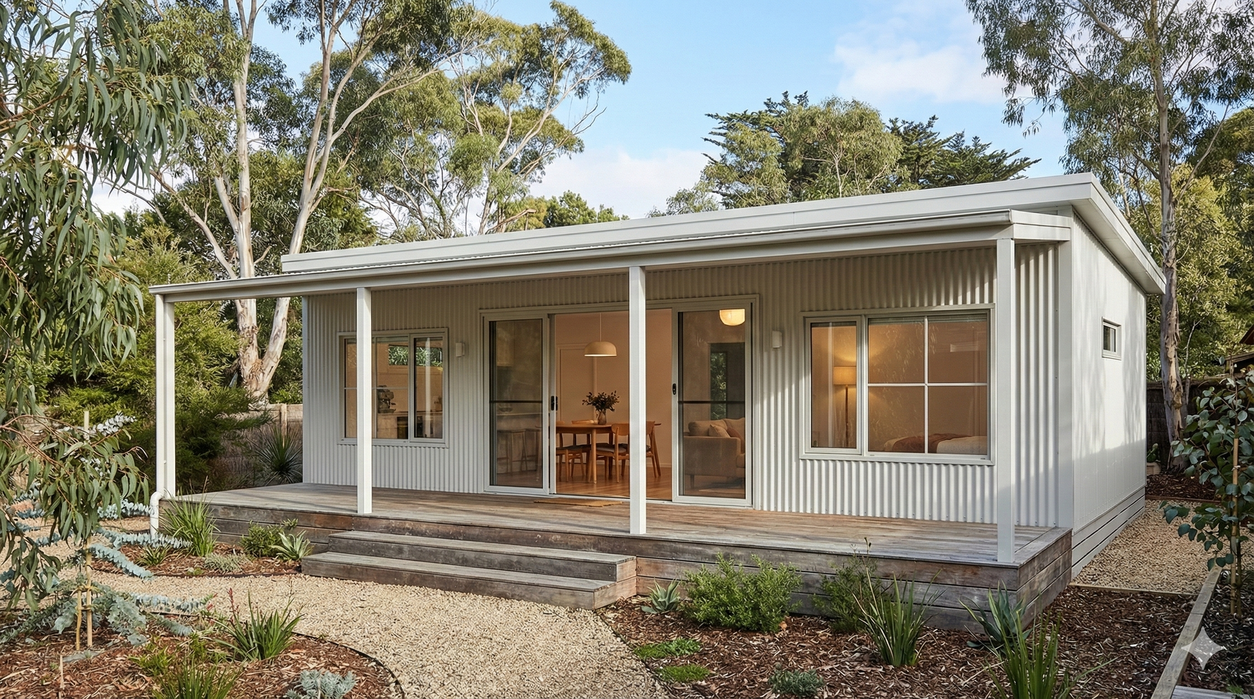 Modern white house with a metal exterior, wooden porch, and large sliding glass doors, surrounded by trees and landscaped garden.