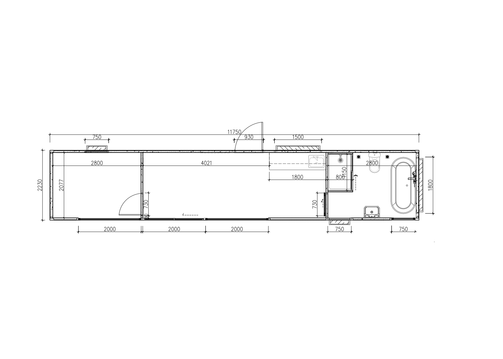 Floor plan of a narrow rectangular building with a bathroom at one end, including a bathtub, toilet, and sink, and an open living area with a kitchen and large open space, with various dimensions marked in millimeters.