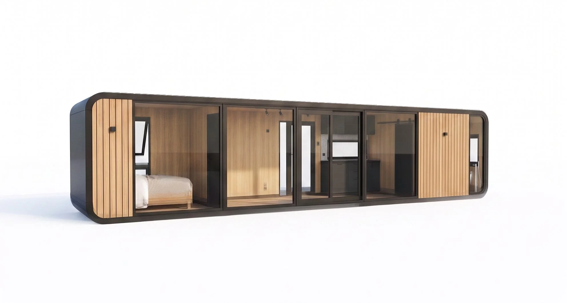 Modern tiny house with a glass facade, wooden interior, and minimalist design.