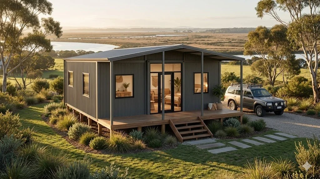 A modern tiny house with a metal exterior, raised on stilts, featuring a small porch with stairs, surrounded by greenery and trees, with a car parked nearby in a rural landscape.