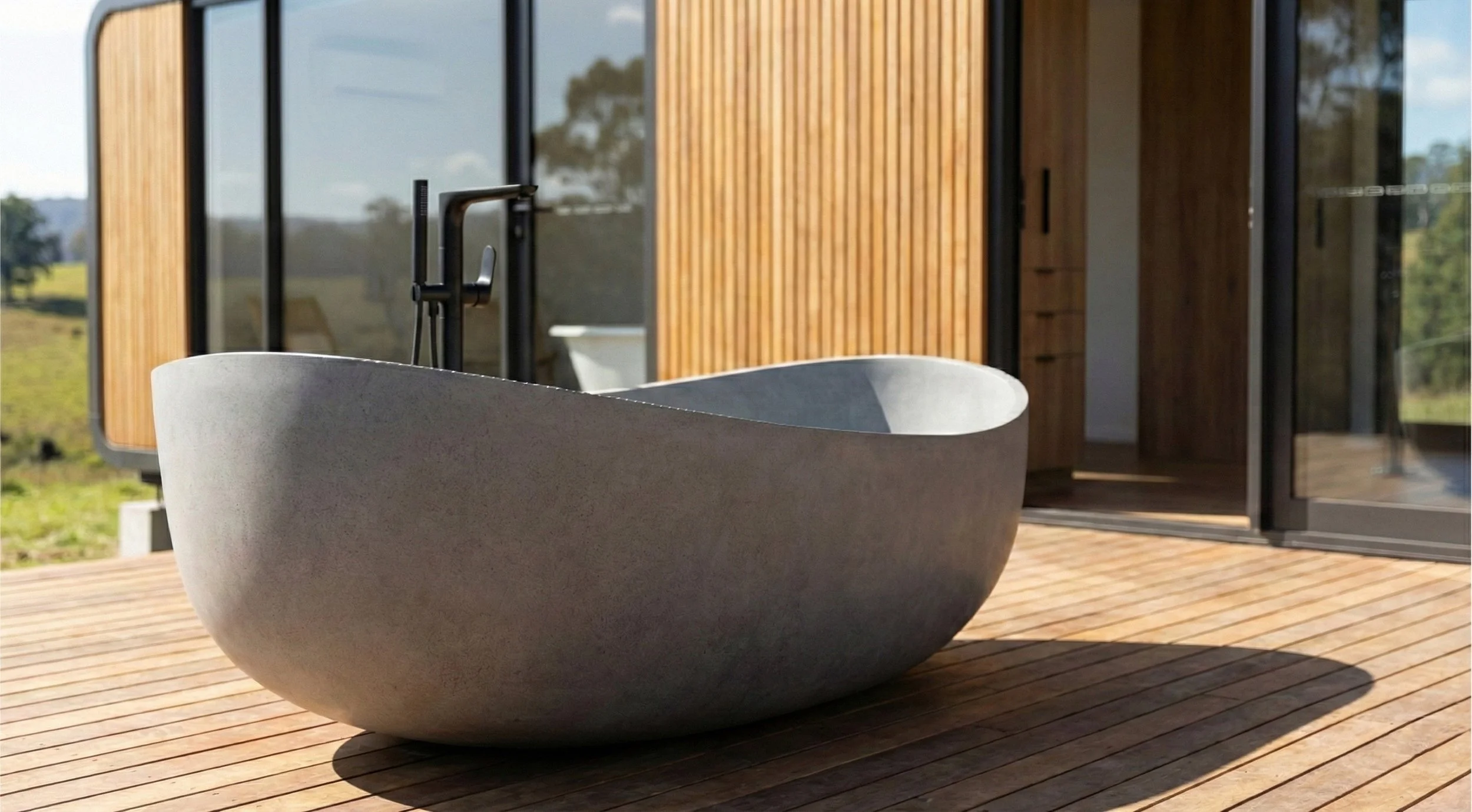 Outdoor modern bathtub on wooden deck, with a house featuring glass sliding doors and wooden siding in the background, and scenic landscape visible through the doors.