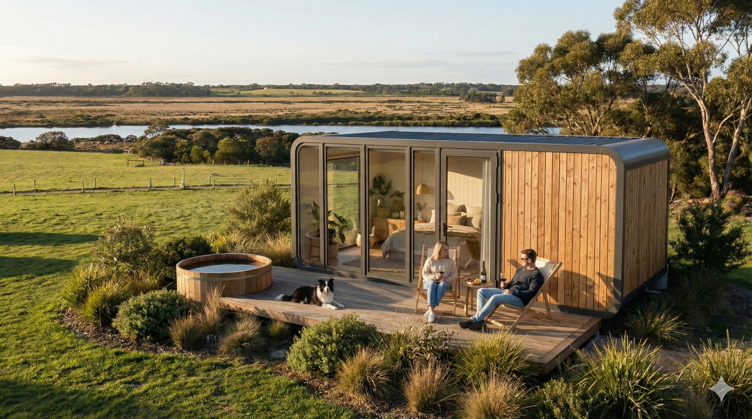 A tiny modern house with a wooden exterior and large glass sliding doors, situated in a lush green landscape with a view of a river and farmland. Two people are relaxing on a deck with wine glasses, accompanied by a dog.