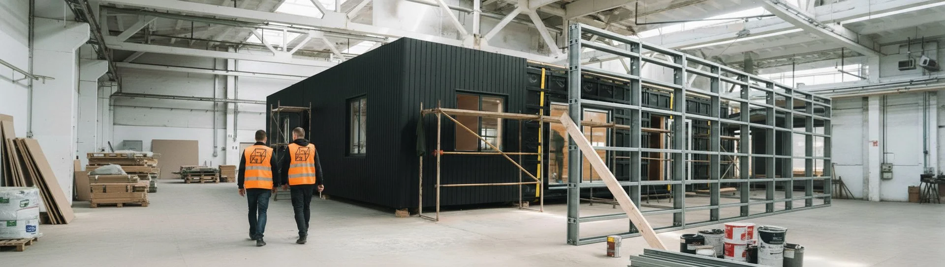 Two workers wearing orange safety vests walk through a large indoor construction site with a partially built black structure and metal framing for walls and ceiling.