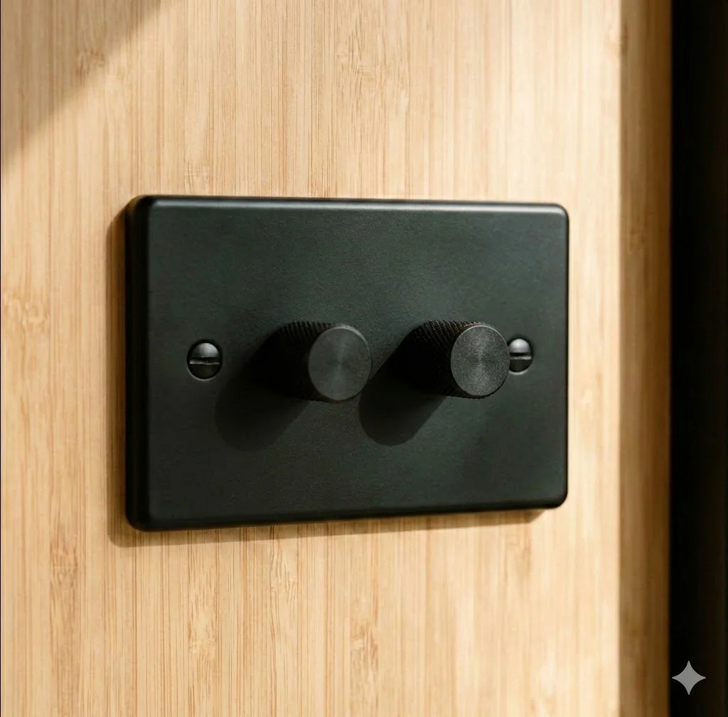 Close-up of a black light switch with two knobs mounted on a wooden wall.