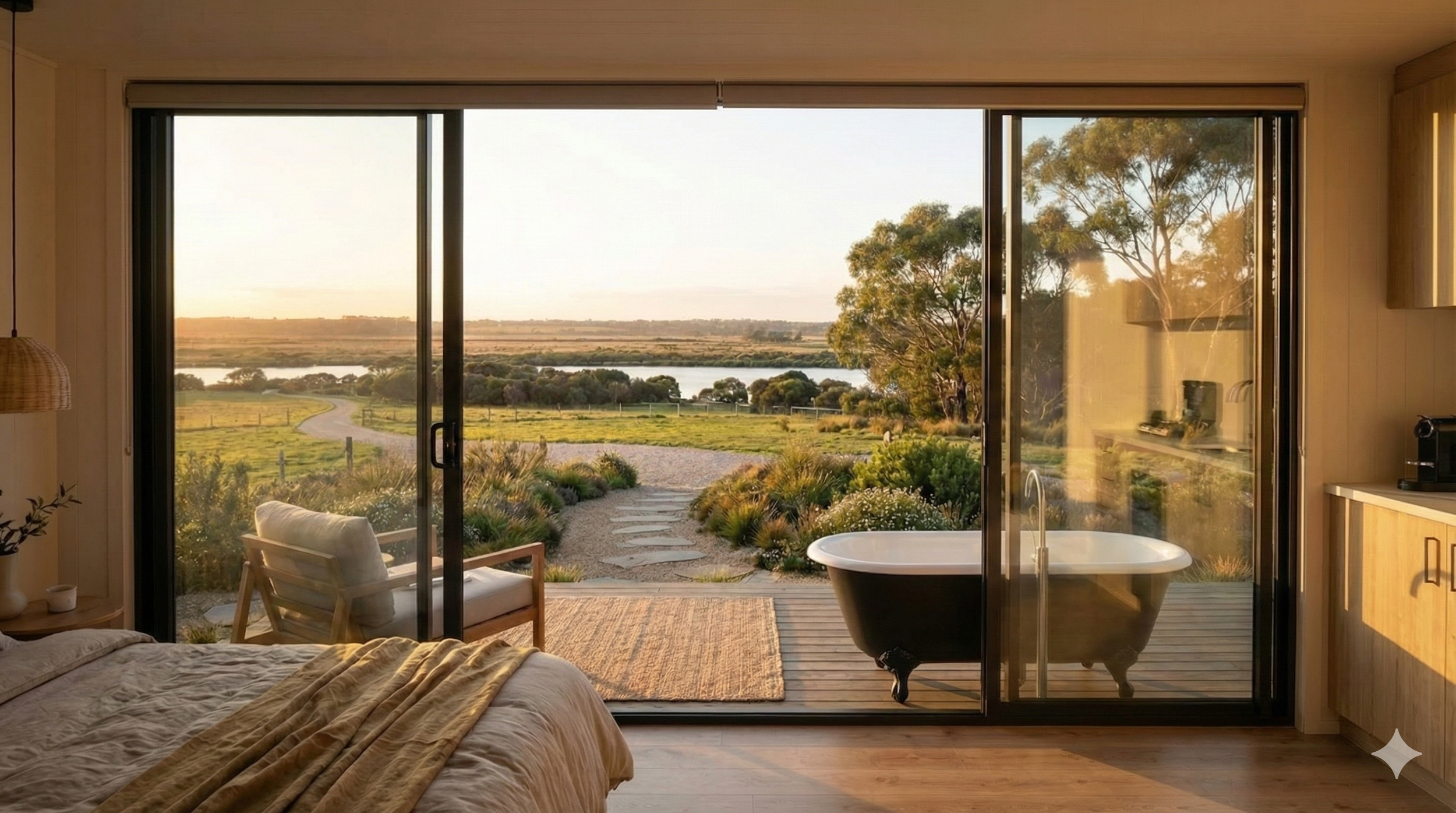 A view from inside a bedroom looking out through large glass sliding doors to a scenic landscape with a river, trees, and a pathway. There is a bathtub near the door and a chair with a blanket in the foreground.