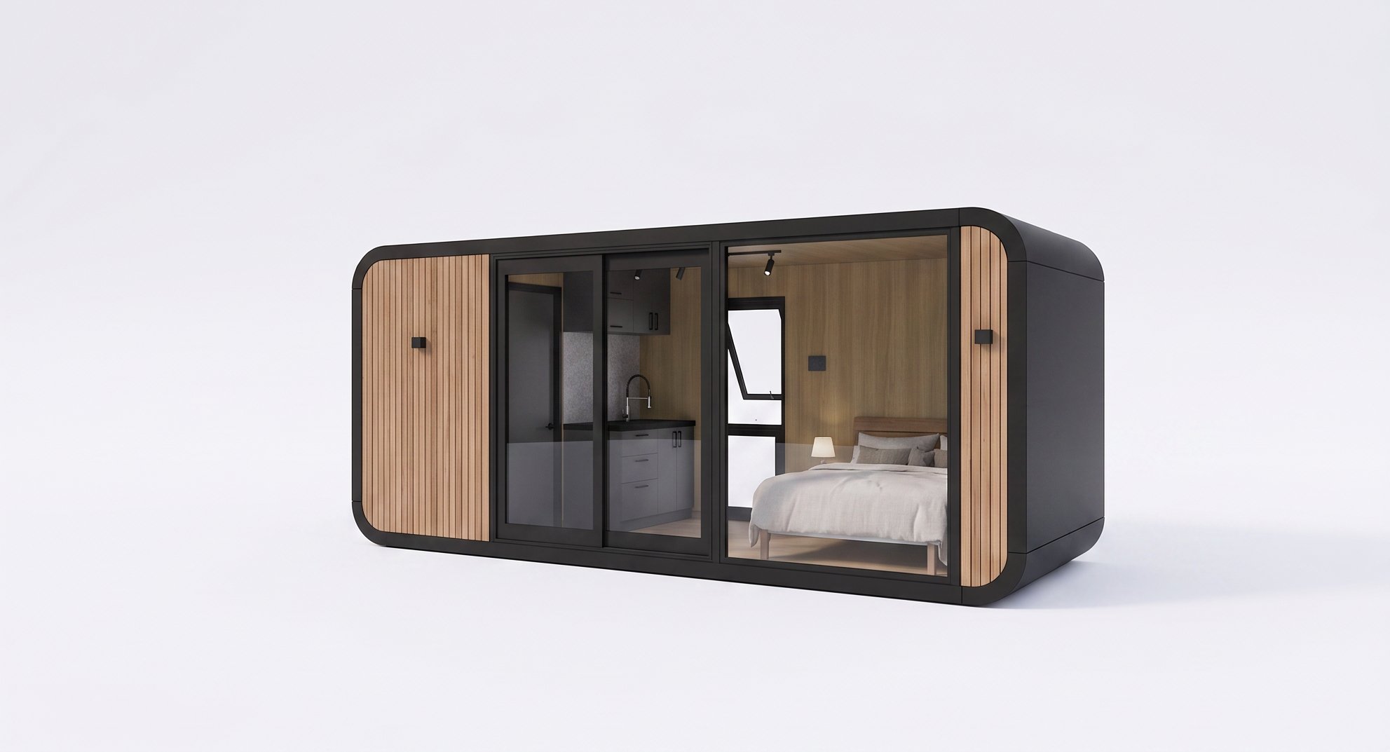 A modern tiny home with a black frame, wood accents, sliding glass door, and interior view showing a bedroom with bed, lamp, window, and kitchenette.