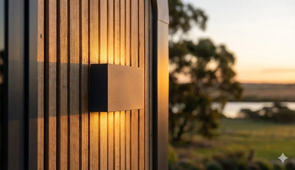 Close-up of a modern wall-mounted outdoor light on a wooden wall, with a scenic landscape and sunset in the background.