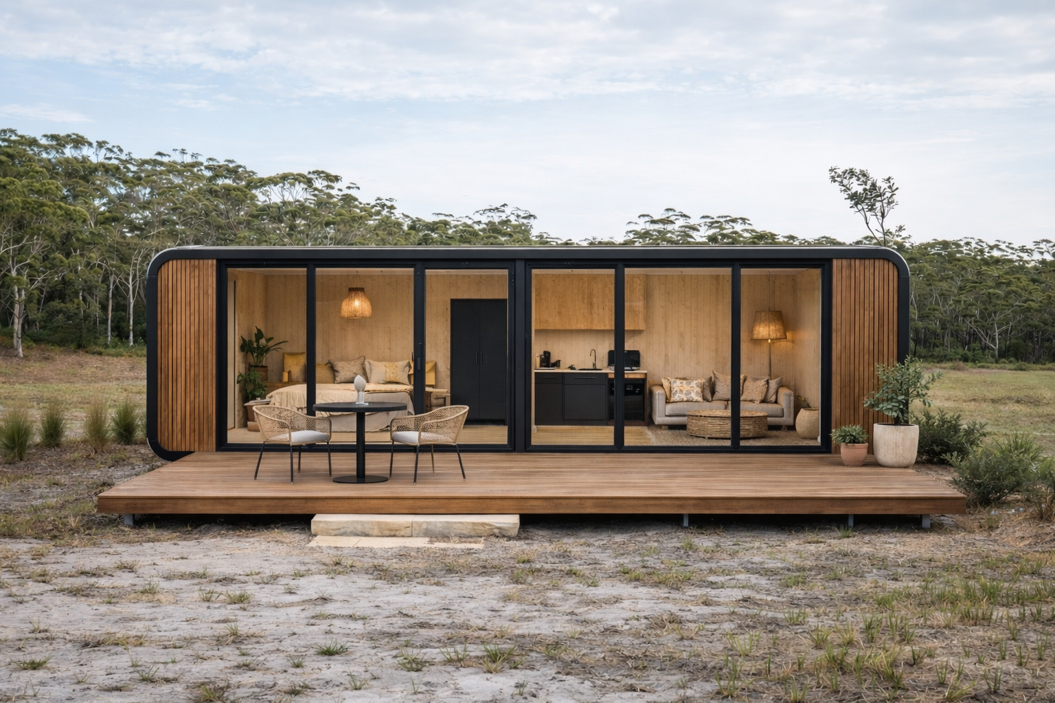Modern tiny house with large glass sliding doors, wooden exterior, situated in a rural landscape, with outdoor seating including a round table and chairs, and potted plants.