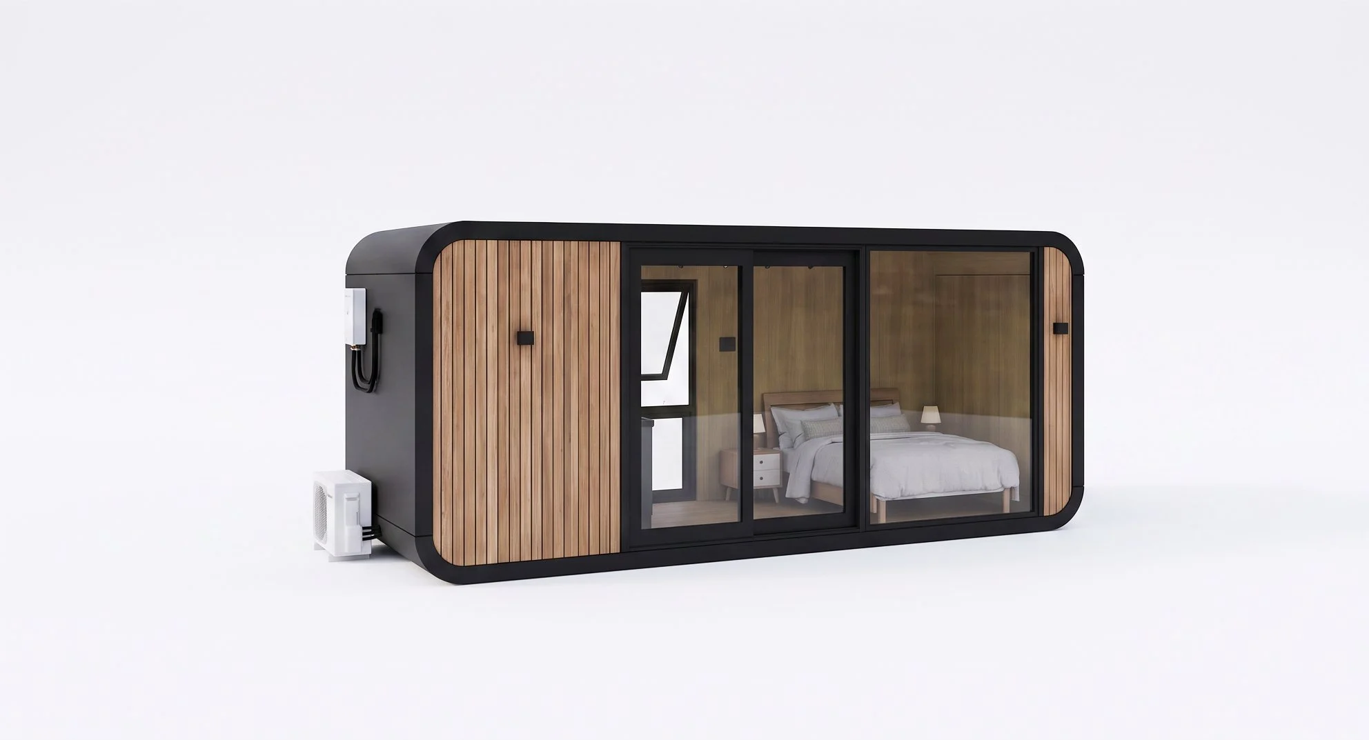 A modern tiny house with wooden exterior panels and black framing, featuring large glass sliding doors revealing a bedroom inside with a bed, nightstands, and lamps.