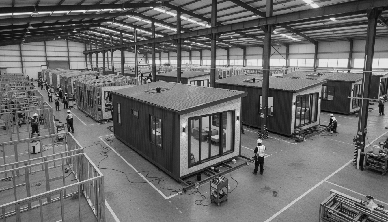 Workers in an indoor factory assembling prefabricated tiny homes, with some frames in the early stages of construction and others nearly finished.