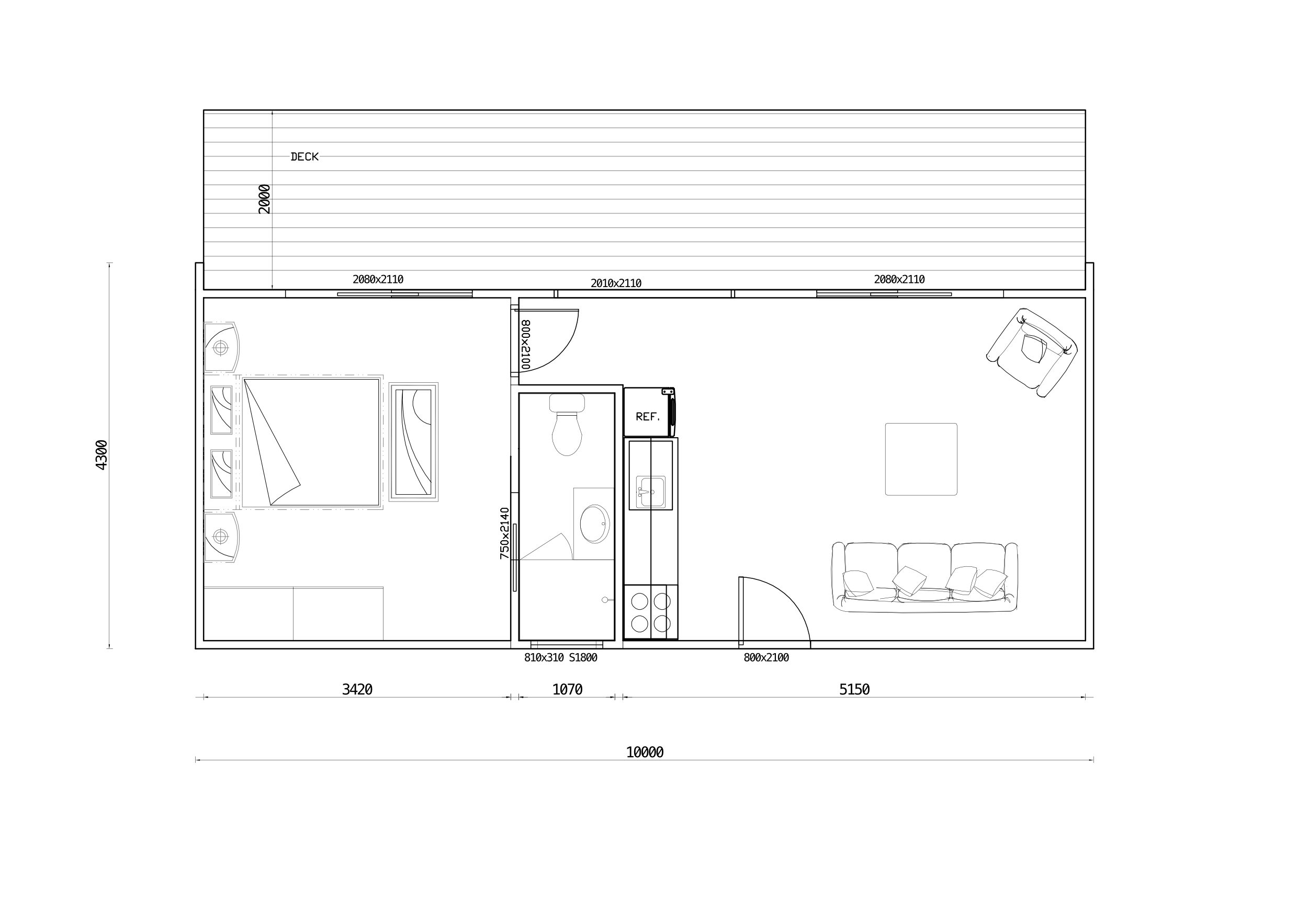 Floor plan of a small house featuring a bedroom, bathroom, living room, kitchen, and a deck outside.