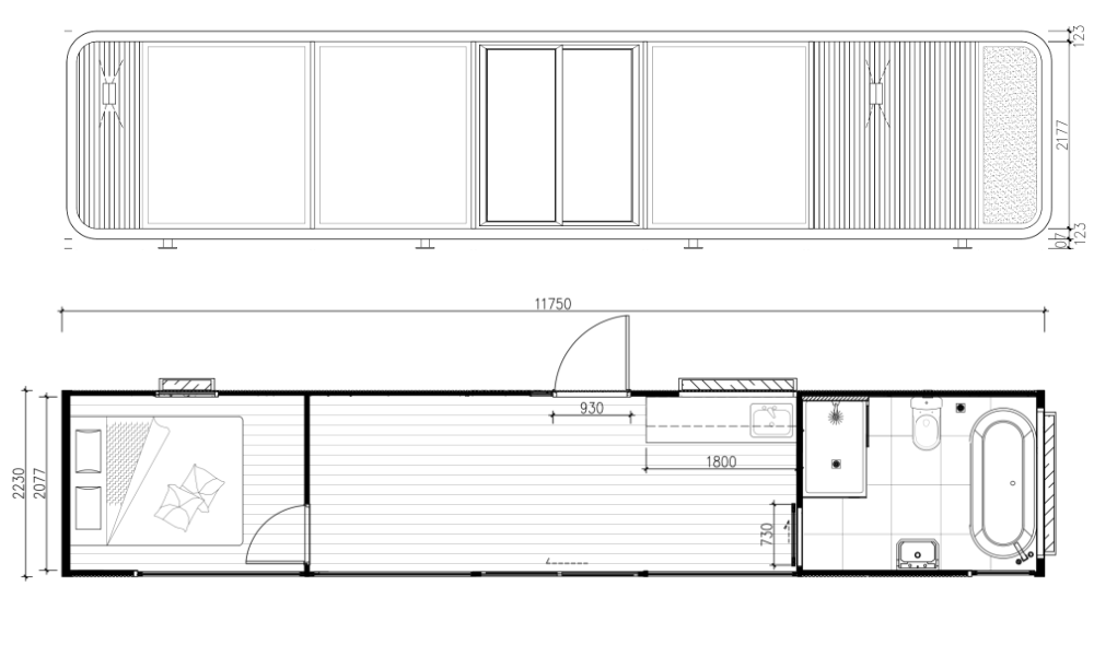 Floor plan of a small elongated apartment with a bedroom, living area, and bathroom.