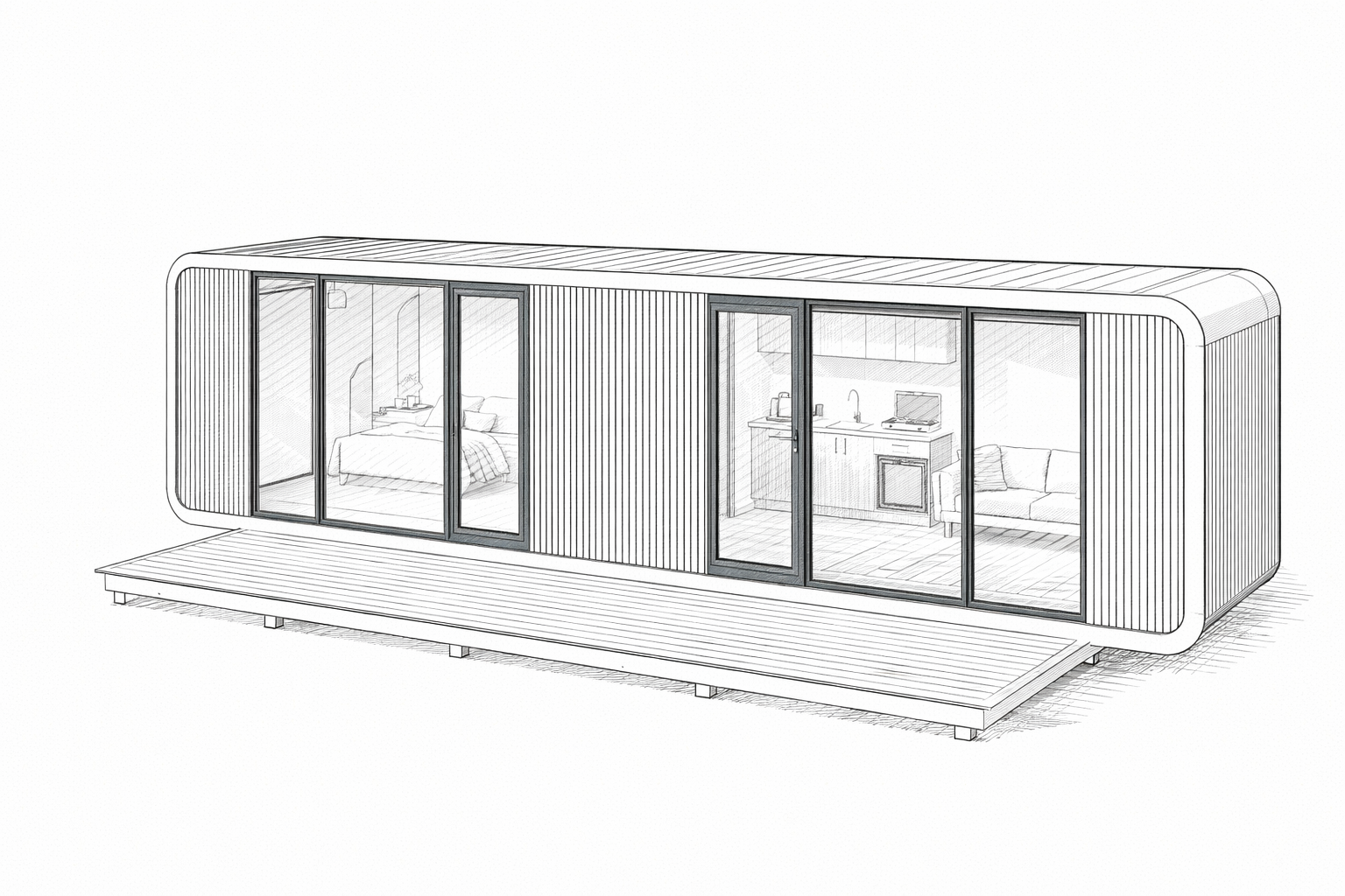 A modern tiny house with large glass sliding doors, a bedroom, kitchen, and sitting area visible through the windows, and a small wooden deck outside.