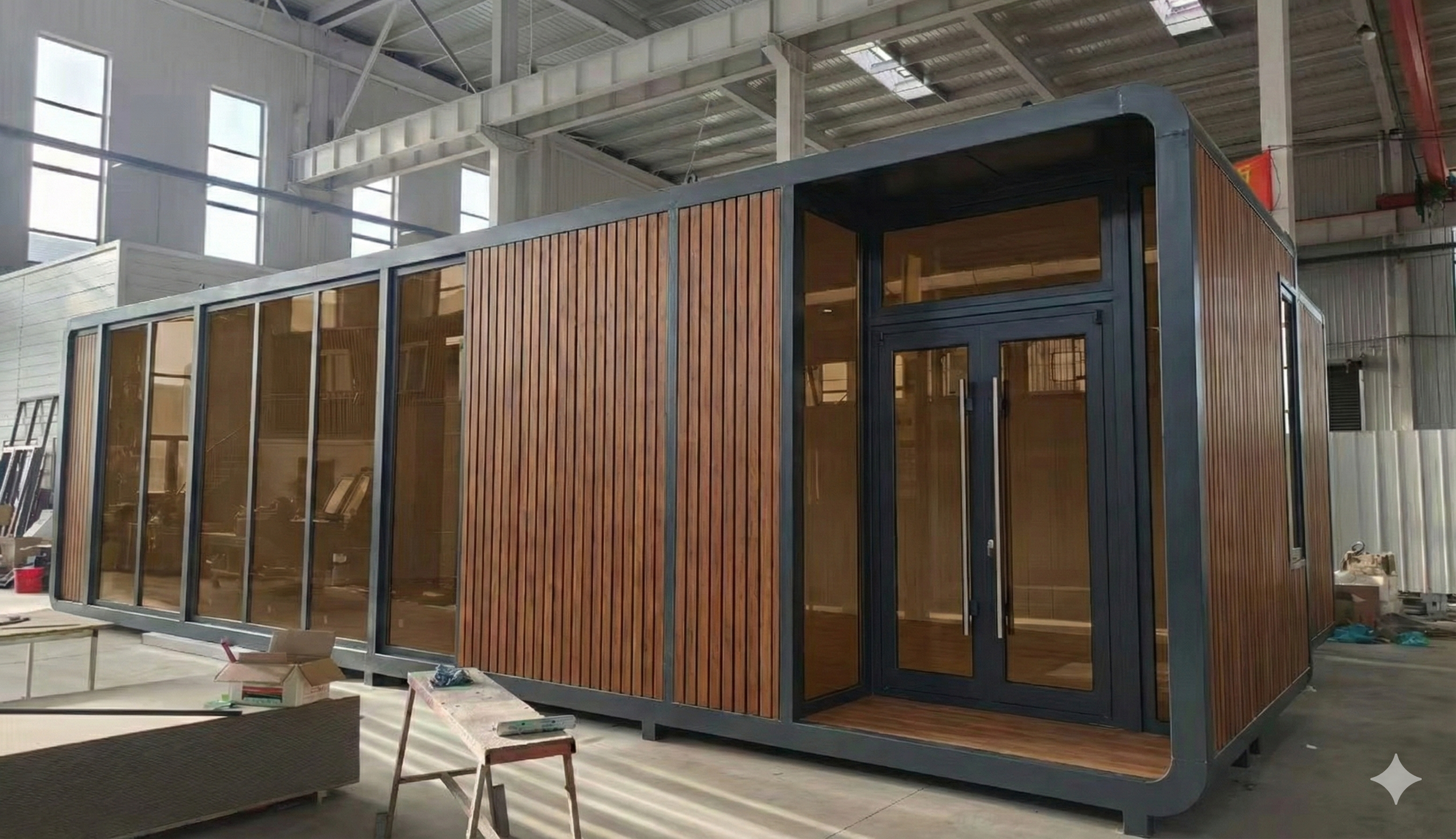 A modern tiny house with wood paneling and large glass sliding doors inside an industrial warehouse.