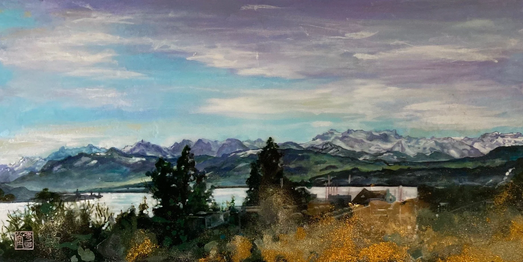 The First Morning of Spring, a view from Thalwil Switzerland
Mixed Media, 60 x 120 cm