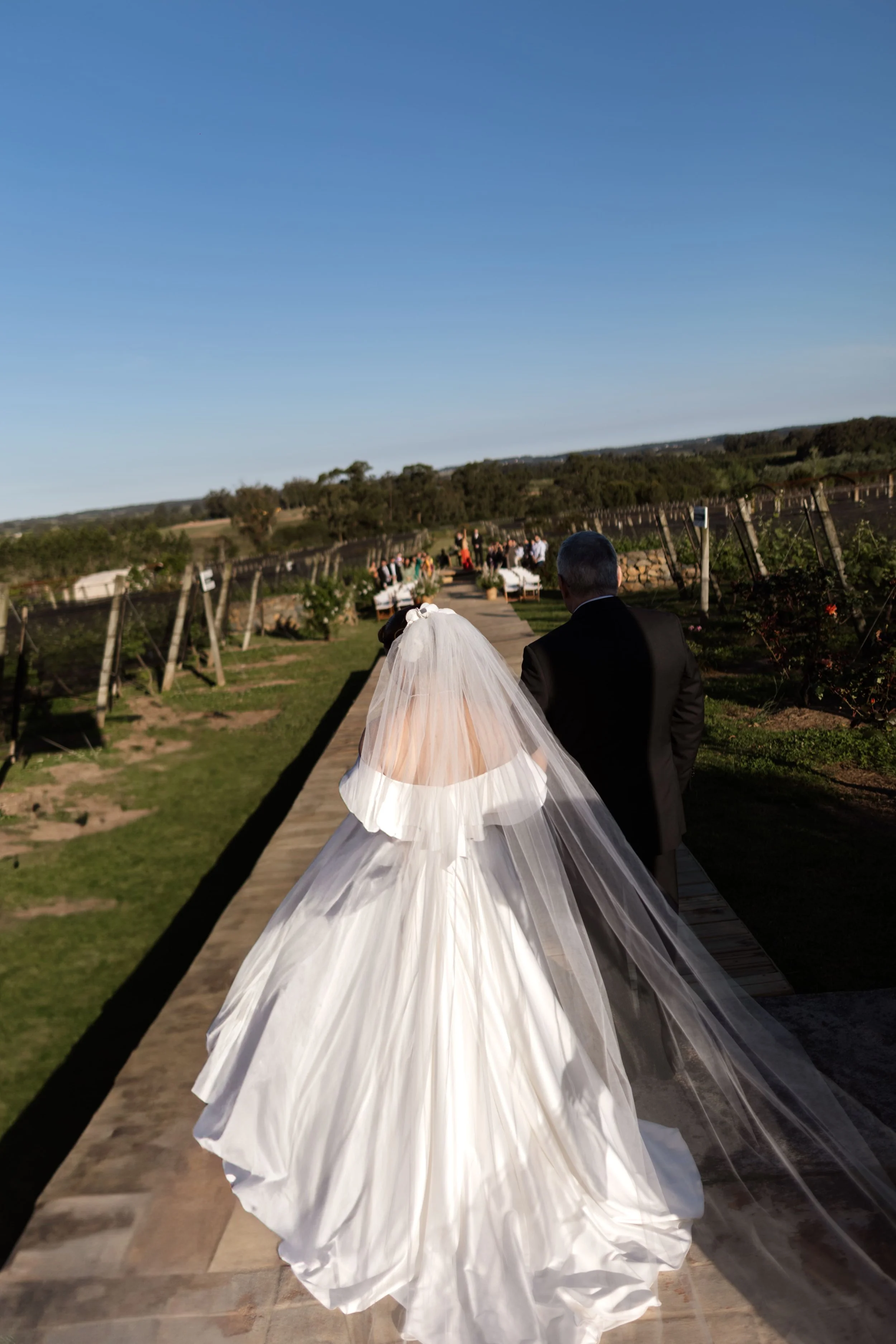 Casal de noivos caminhando ao ar livre em um jardim, a mulher vestindo vestido de casamento e véu, o homem de terno, cenário de campo com árvores e céu azul.