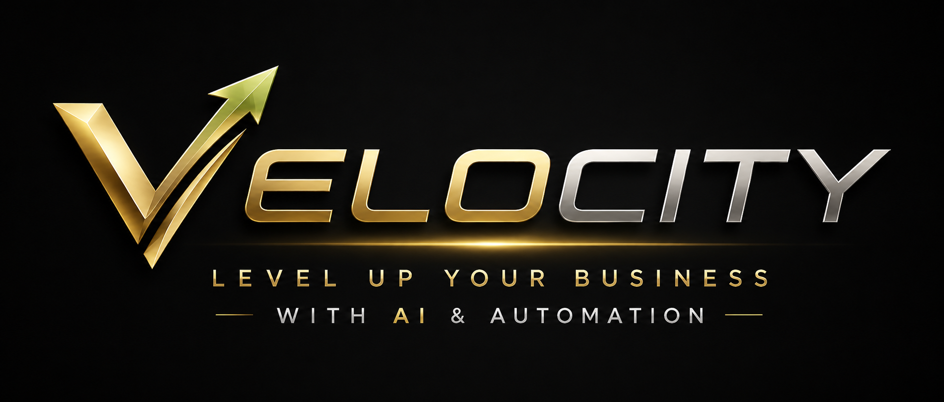 Gold and silver logo reading 'Velocity' with the tagline 'Level up your business with AI & automation' on a black background.