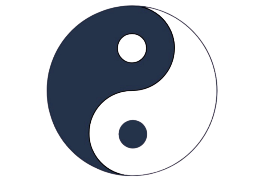 A yin-yang icon with one half in navy blue and the other half in white, featuring a small circle of the opposite color within each half.