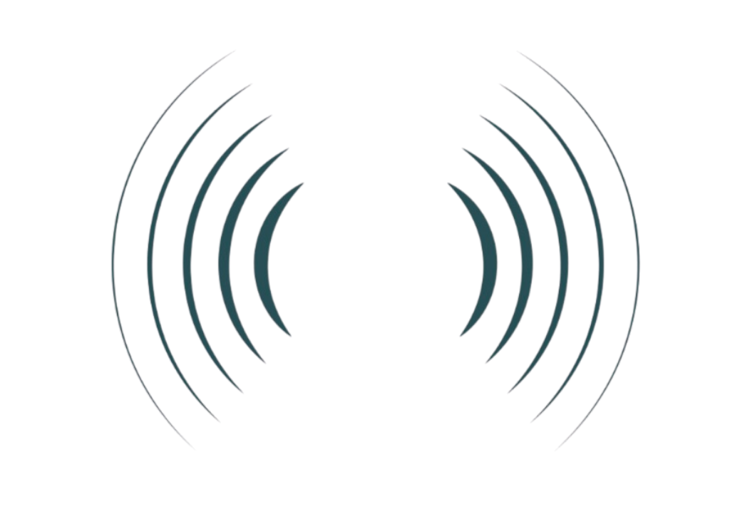 Icon of turquoise sound waves emitting from a central point.