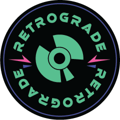 Circular Retrograde logo with a vinyl record icon in the center and the words Retrograde repeated around the edge in teal, blue, and pink on a black background