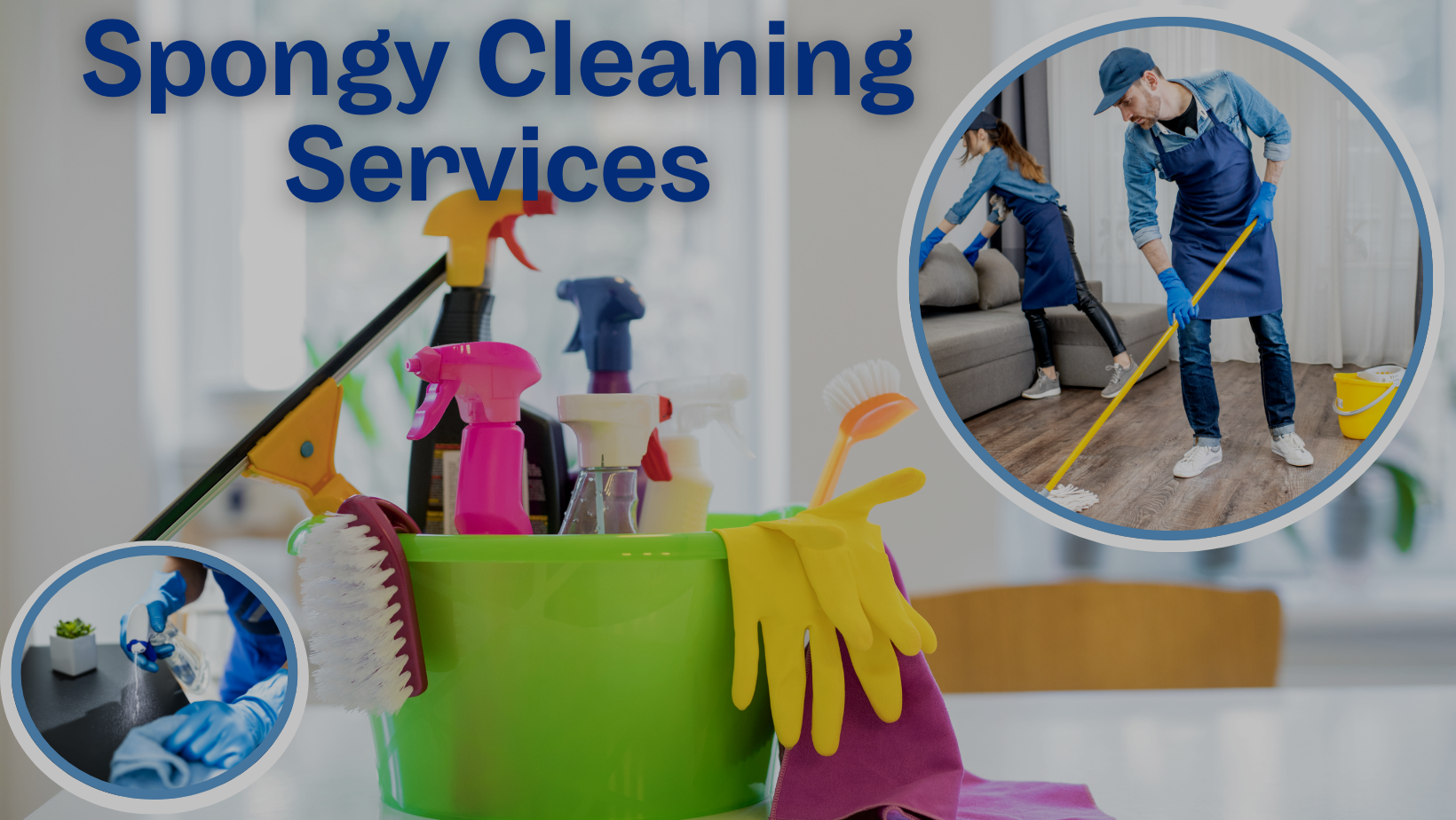 Cleaning supplies in a green bucket with two cartoon-style inset photos: one of a person wearing blue gloves spraying cleaner, and another of a person mopping a living room floor.