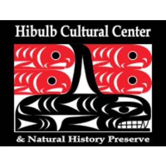 Logo of Hibulb Cultural Center featuring stylized black and red images of fish, an eagle, and other cultural symbols, with text indicating its focus on cultural and natural history preservation.