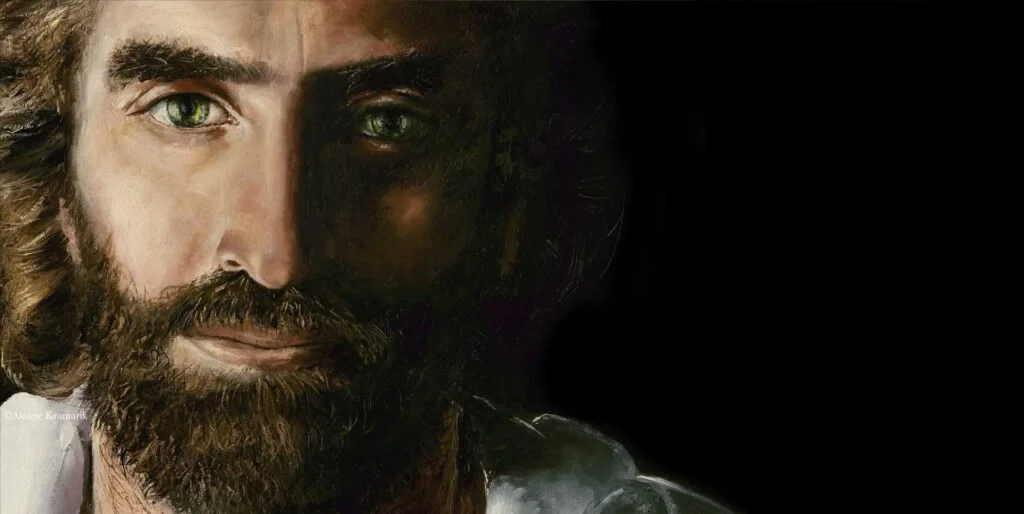 A painting of a bearded man with long hair, one bright green eye, and the other shadowed, set against a dark background.