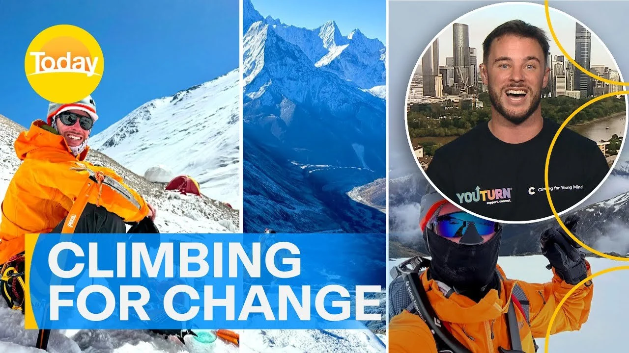 A collage featuring a climber dressed in orange gear ascending snowy mountains, a scenic mountain range, and a person in front of a city skyline. The words 'Climbing for Change' are prominently displayed, along with a logo that says 'Today' and a small circular image of a smiling man with a city background.