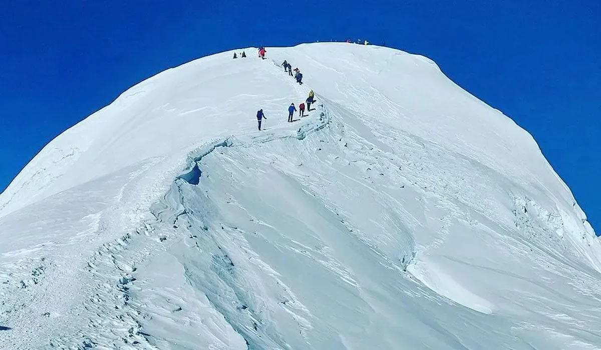 Group of climbers ascending a snow-covered mountain peak under a clear blue sky.