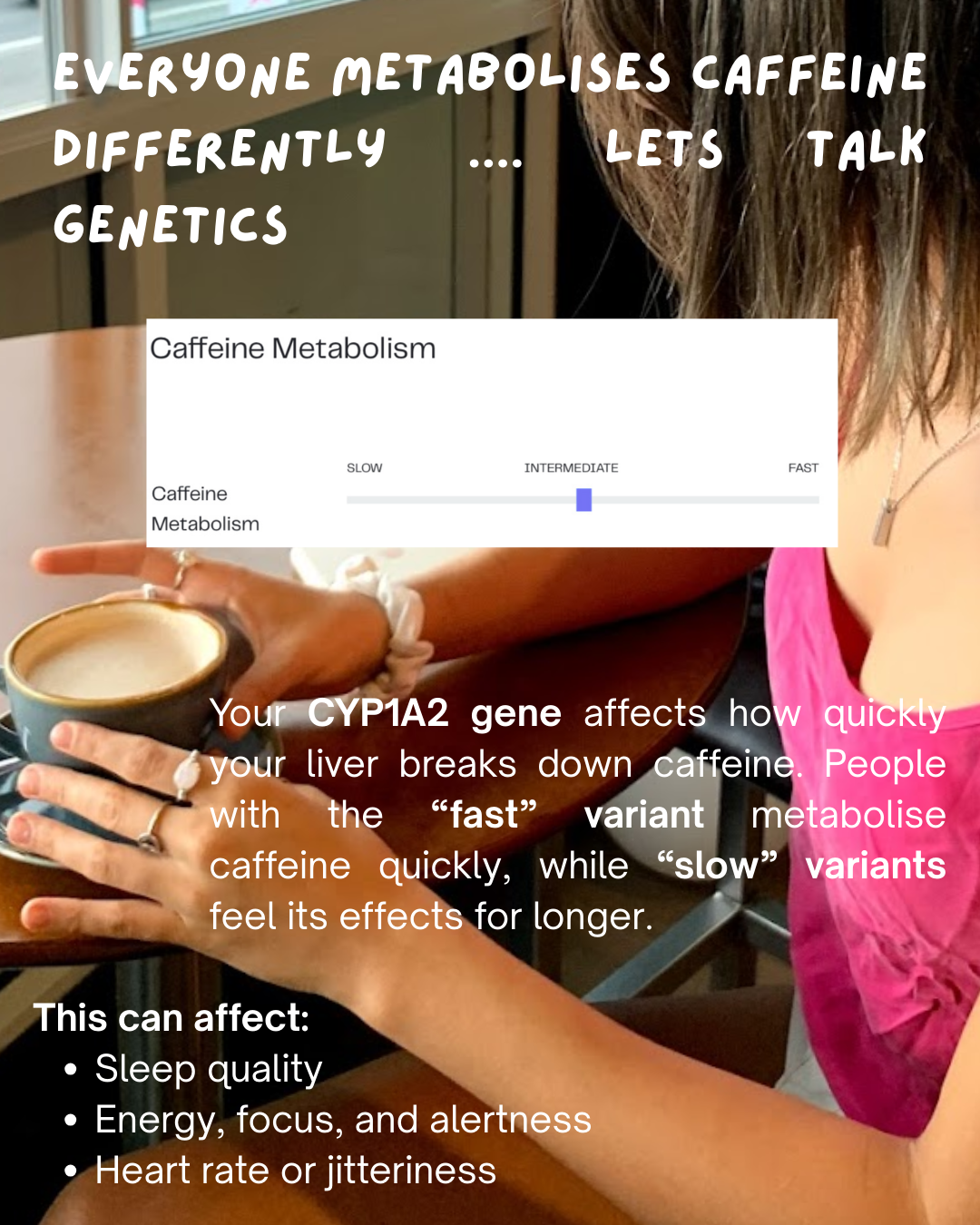 caffeine metabolism, genetics affecting caffeine breakdown, and its effects on sleep, energy, heart rate, and alertness.