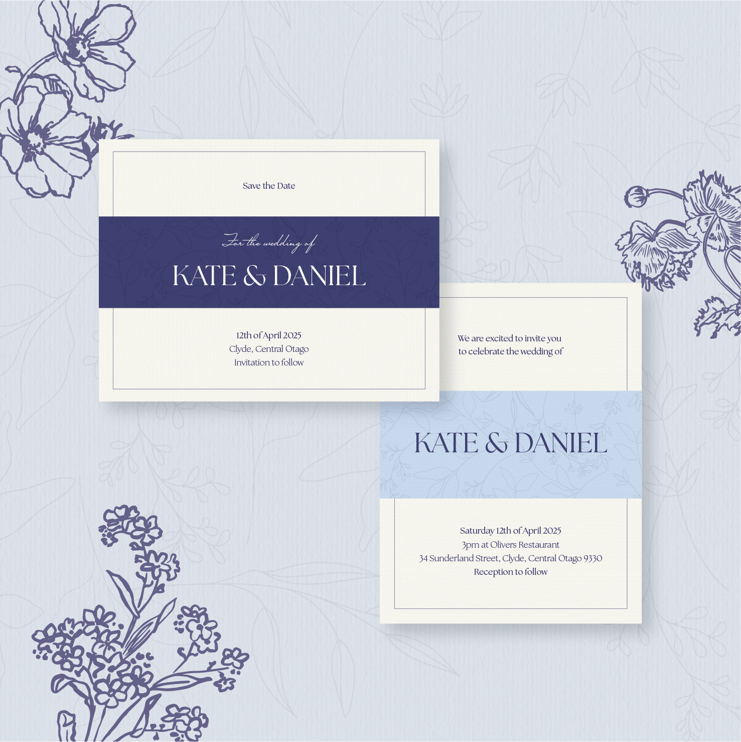 Wedding invitation cards for Kate and Daniel featuring floral designs in shades of blue and white, with details about the wedding date, location, and reception.