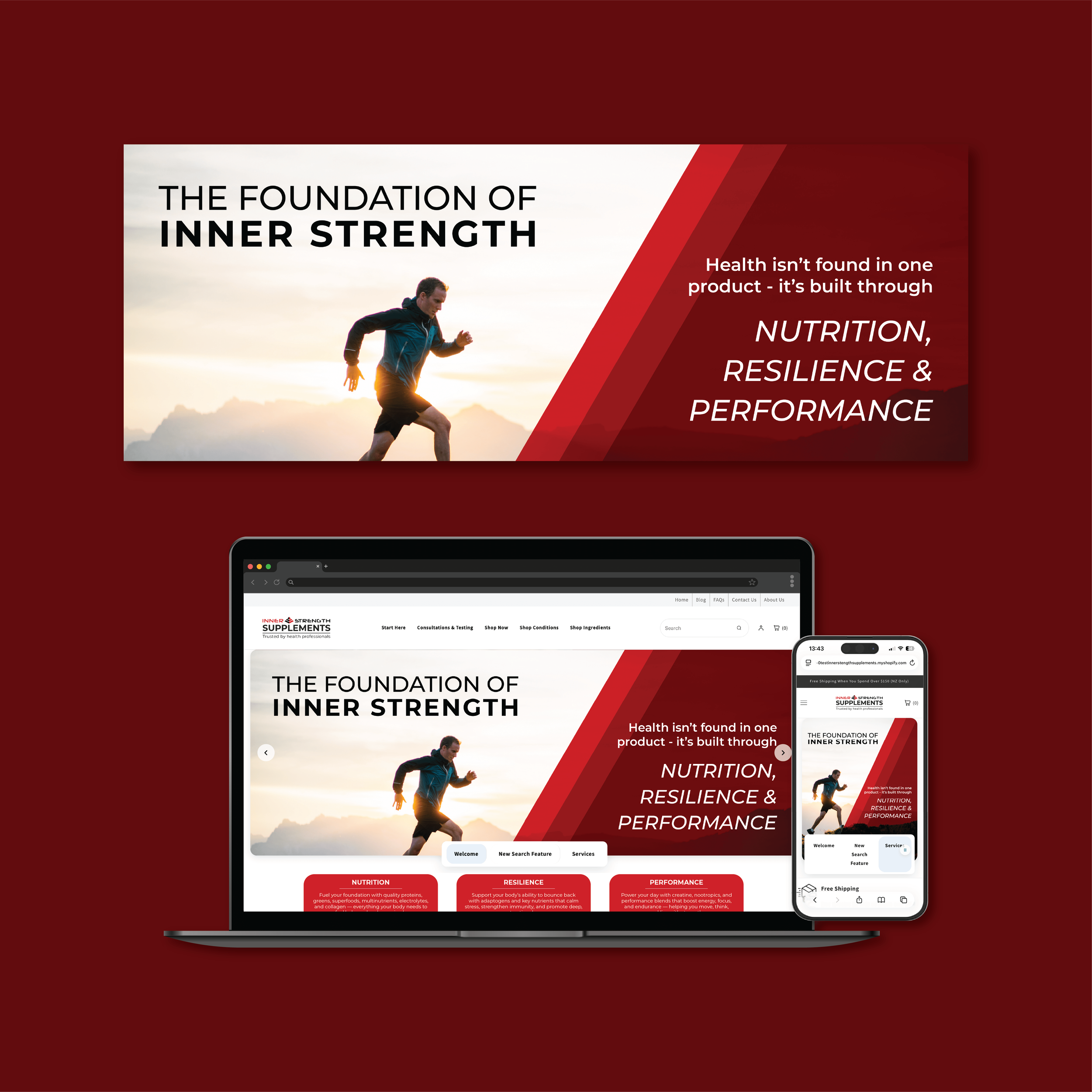 Banner featuring a person running outdoors at sunrise or sunset, with text about inner strength, nutrition, resilience, and performance, and a website and mobile view of the same banner for an inner strength supplement site.