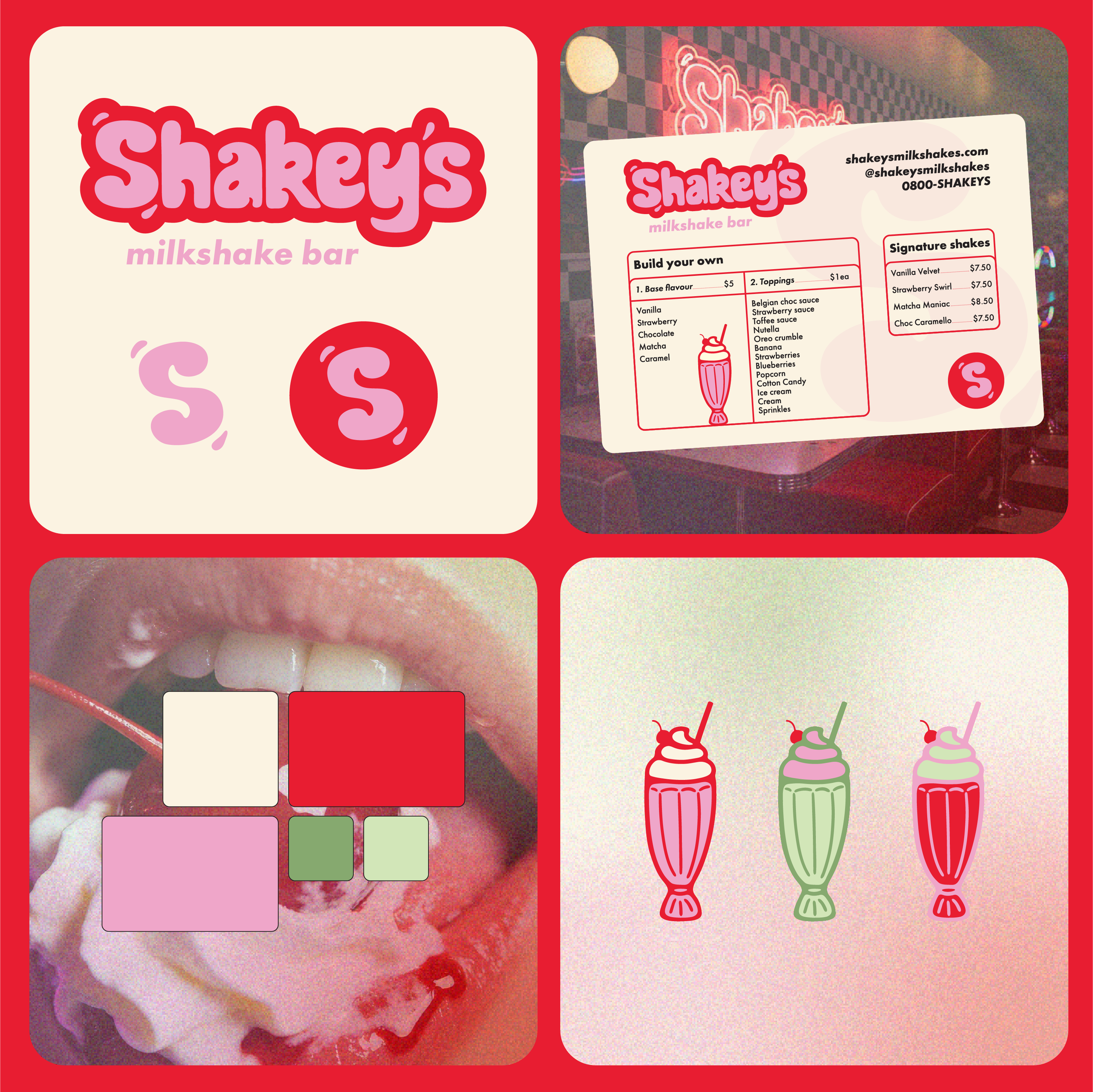The image features a graphic design for Shakey's milkshake bar. It includes the brand logo with a pink and red color scheme, a menu card with options to build your own milkshake and signature shakes, a close-up of a person enjoying a milkshake with colorful overlays, and illustrated milkshakes in pink, green, and red with straws and cherries on top.