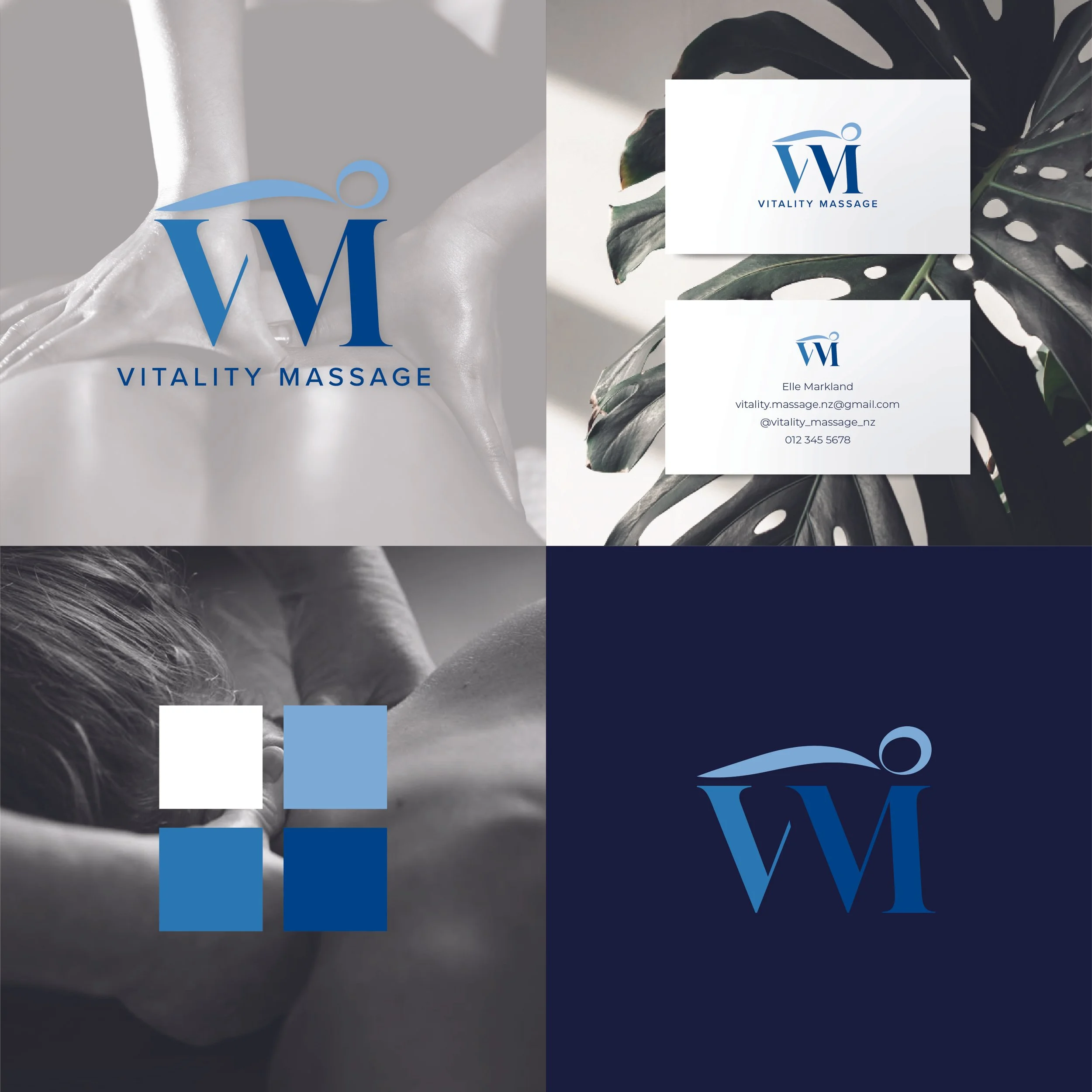 Collage of logo for Vitality Massage overlaid onto massage and plant imagery