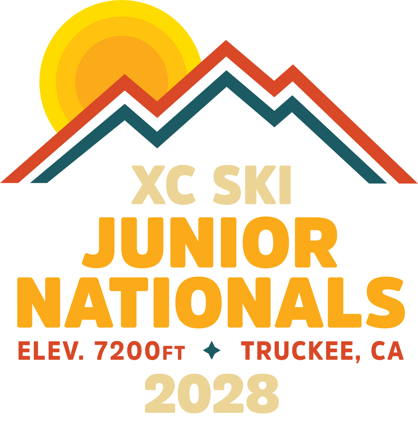 Logo for XC Ski Junior Nationals 2028 in Truckee, California. Features stylized mountain peaks and a sun.