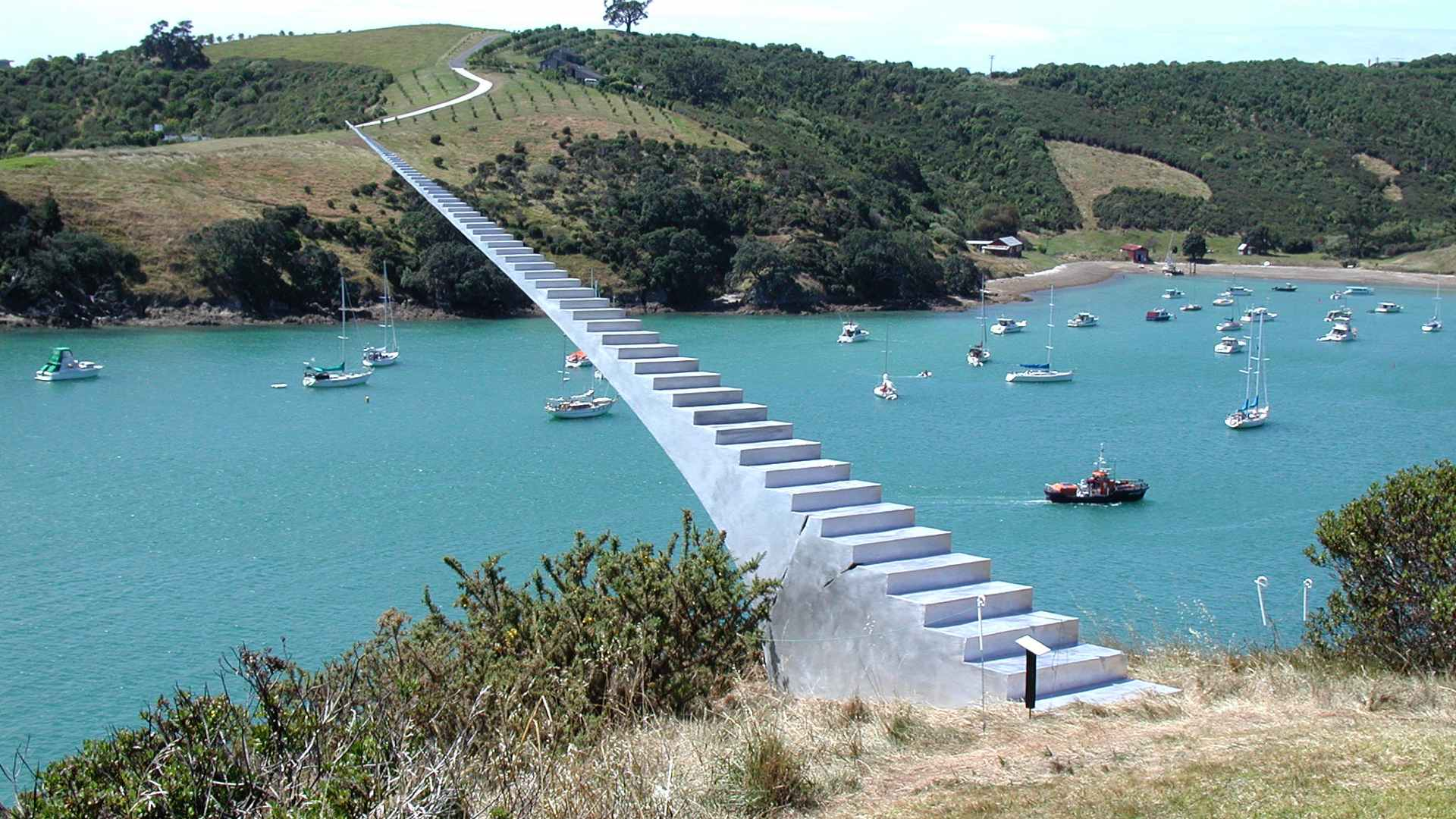 The aluminum structure is David McCracken's sculpture titled Walkway to the Sea