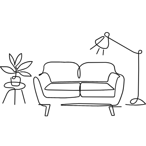 Minimalist line drawing of a therapists sofa, with a potted plant on a side table, and a floor lamp.