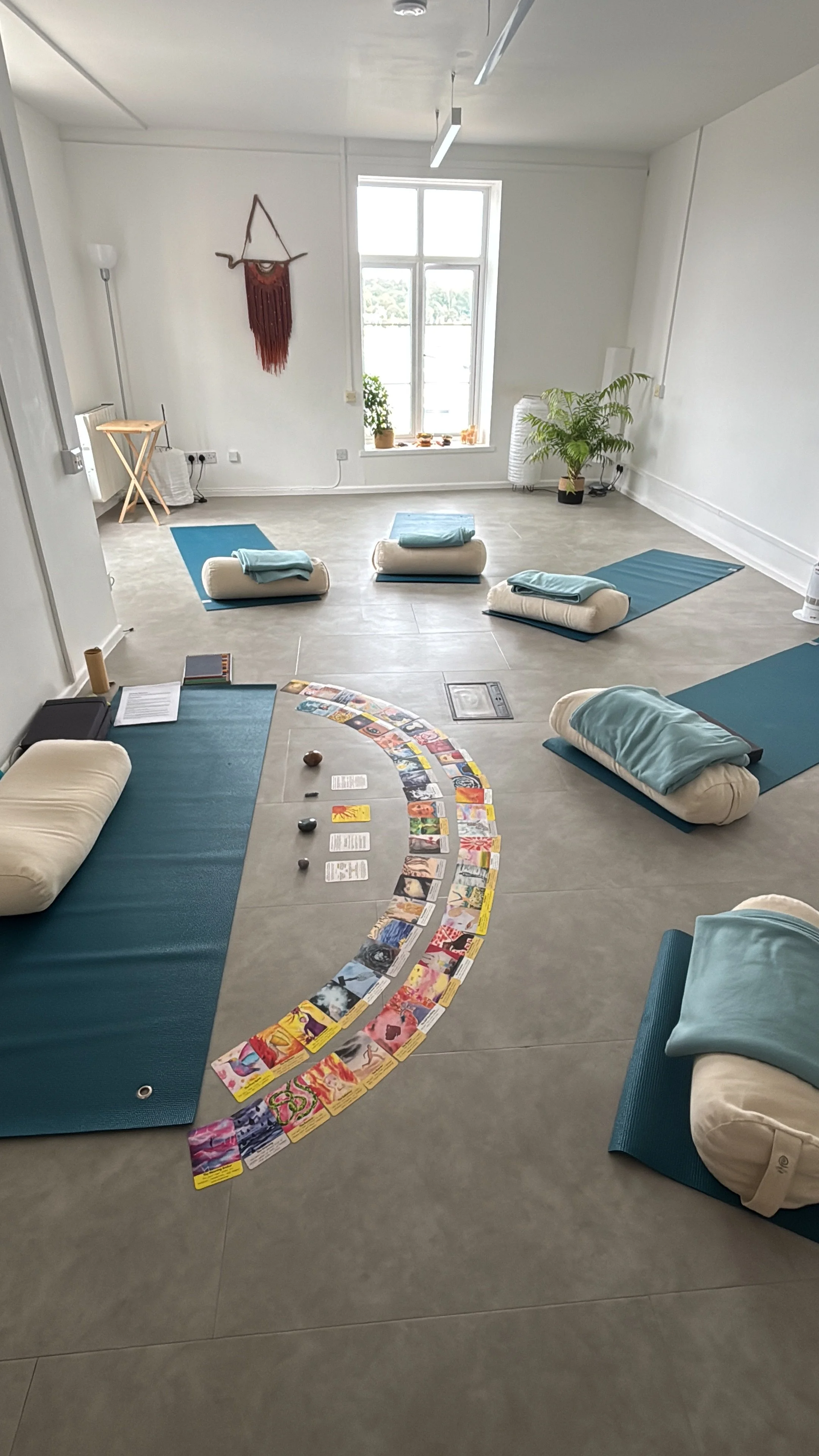 A room set up for a breathwork session with blue mats and bolsters, a spread of IFS parts cards and crystals on the floor, and decorative plants and art on the white walls.
