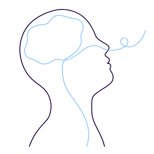 Line drawing of a person's profile with the breath inhaling through the nose and connecting to the brain and down the throat.