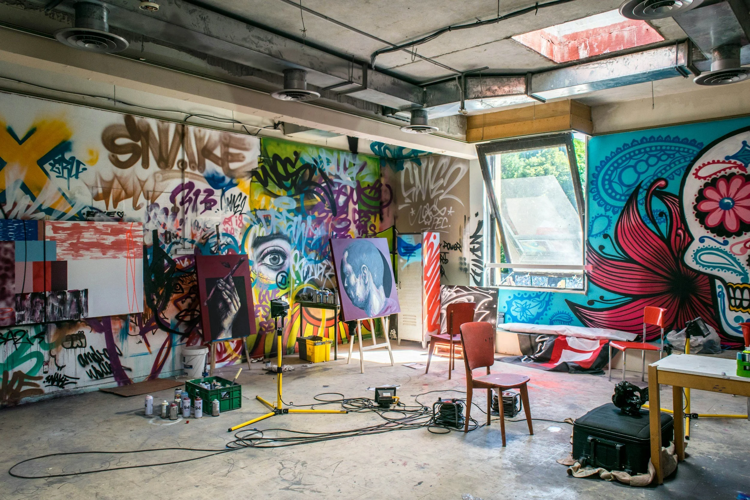 An artist's studio with graffiti-covered walls, various paintings, and art supplies. There are chairs, a table, and a large open window letting in natural light.